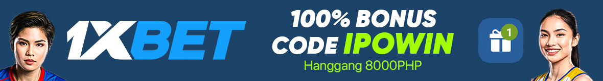 Official 1xBet promo banner para sa Philippines showing 100% Bonus up to ₱8,000. Highlighted ang promo code na IPOWIN na kulay green. May kasamang image ng dalawang Pilipinang atleta at gift icon.