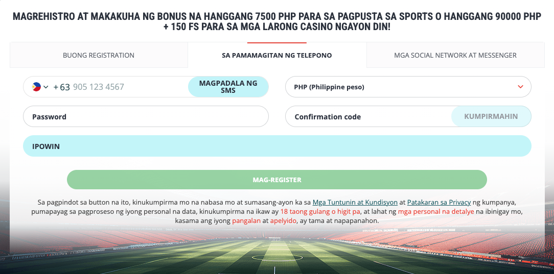 22Bet phone registration form showing SMS verification and IPOWIN promo code.